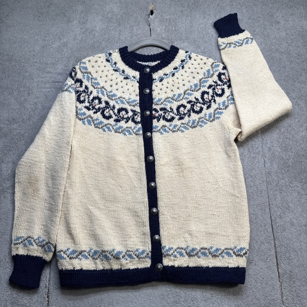 Vintage 70s Norwegian Wool Nordic‎ Cardigan Fair Isle Scandi Knit Sweater M/L